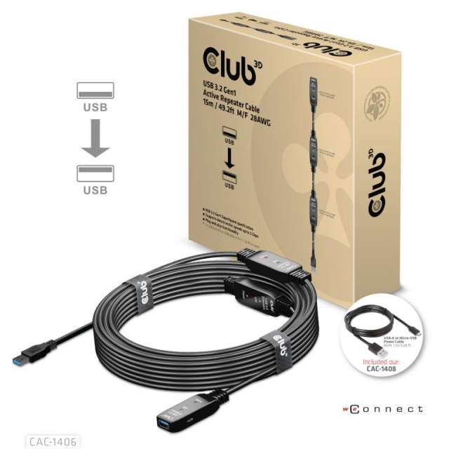 Club 3D USB 3.2 Gen1 aktiv repeaterkabel 15 m M/F 28AWG