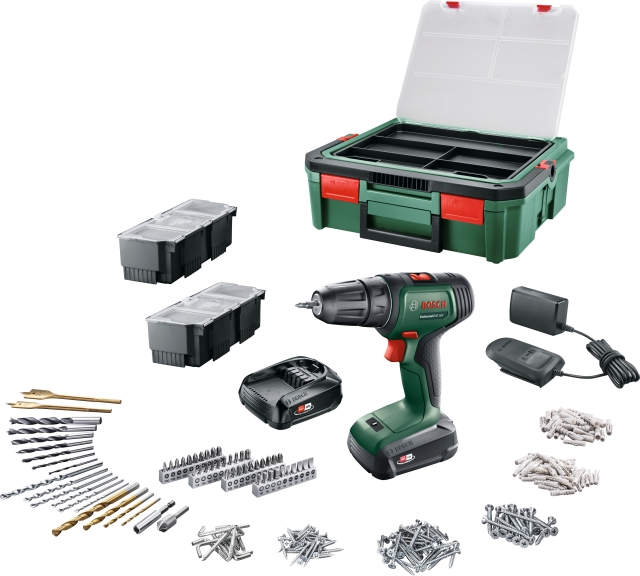 Bosch UniversalDrill 18V + SystemBox 241 batteridrevet drill + tilbehørssett