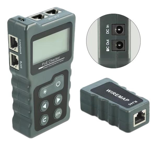DeLOCK LCD Kabeltester RJ45 / PoE / DC, mørkegrå