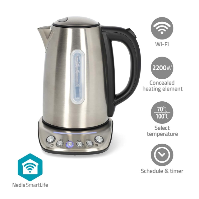 Nedis SmartLife Vannkoker | Wi-Fi | 1.7 l | Rustfritt Stål | 70,80,90,100 °C | Temperaturindikator | Roterbar 360 grader | Skjult varmeelement | Strix® kontroll | Android™ / IOS