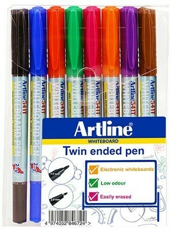 Artline whiteboardpenn, dobbeltspiss, 8 farger