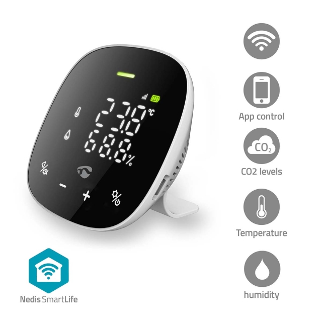 Nedis SmartLife luftkvalitetsmonitor | Wi-Fi | Inkludert display | Karbondioksid (CO2) / Luftfuktighet / Temperatur | Android™ / IOS | Hvit / Sort