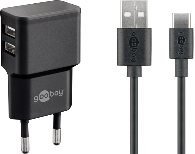 Goobay USB-C™ Dual Charging Kit (12 W) Strømforsyning med 2x USB-kontakter og USB Type-C™ 1 m kabel (svart)