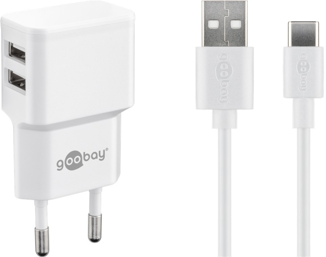 Goobay USB-C™ Dual Charging Kit (12 W) Strømforsyning med 2x USB-kontakter og USB Type-C™ 1 m kabel (hvit)