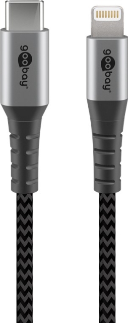 Goobay Lightning USB-C™ tekstilkabel med metallkontakter, 1 m MFi-sertifisert, elegant og ekstra robust lade- og synkroniseringskabel for Apple iPhone/iPad (svart, grå)