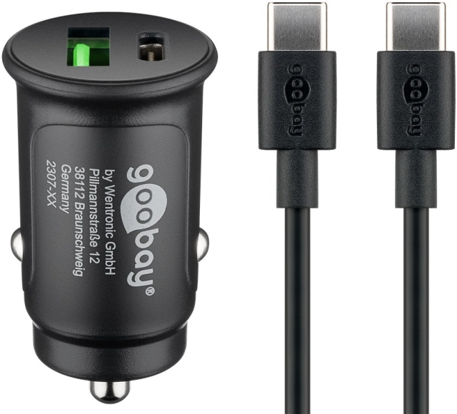 Goobay Dual USB Fast Car Charger USB-C™ (27 W) billadeadapter med 1x USB-C™ og 1x USB-A, USB-C™-kabel, 1 m, svart