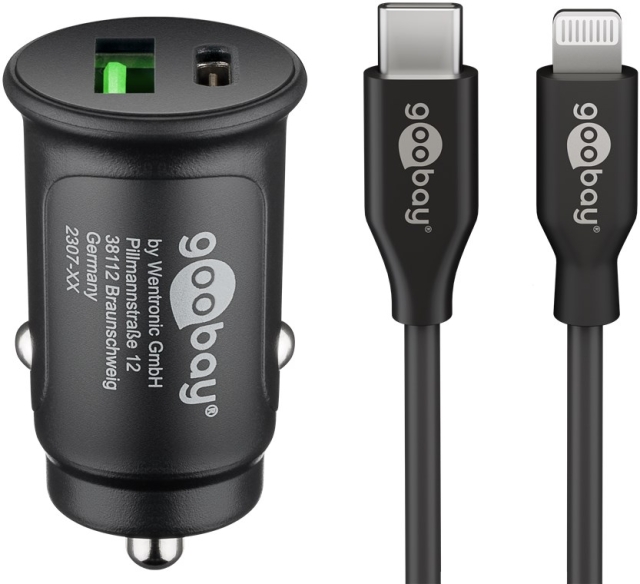 Goobay Dual USB Fast Car Charger Lightning (27 W) billadeadapter med 1x USB-C™ og 1x USB-A, USB-C™ Lightning-kabel, 1 m, svart
