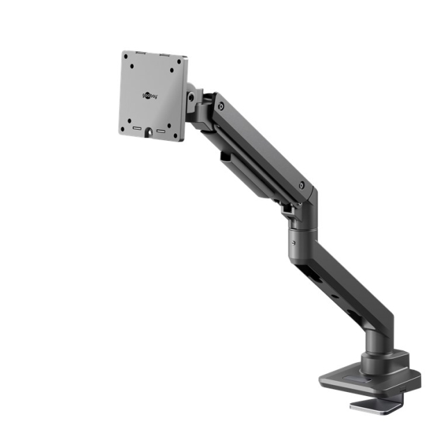 Goobay Enkelt skjermfeste Gaming med gassfjær, svart for XL-skjermer fra 17 til 49 tommer (43 - 124 cm), maks. 20 kg, kraftig feste for tunge gaming- og buede skjermer, enkel snap-in-montering av armene