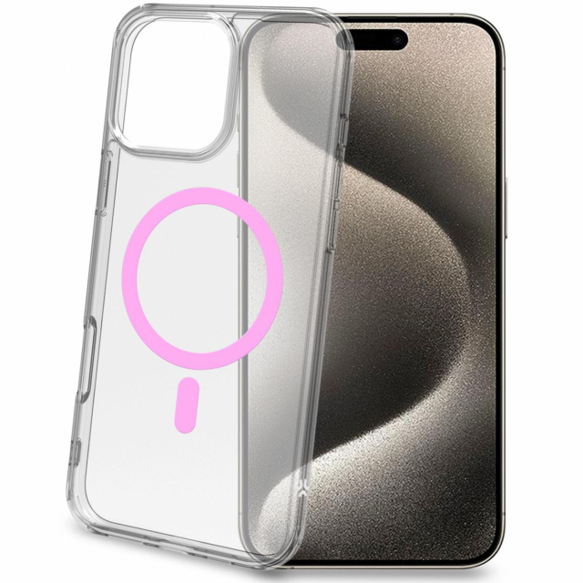 Celly Gelskinmag Magnetisk deksel MagSafe iPhone 16 Pro Max Transparent + Rosa