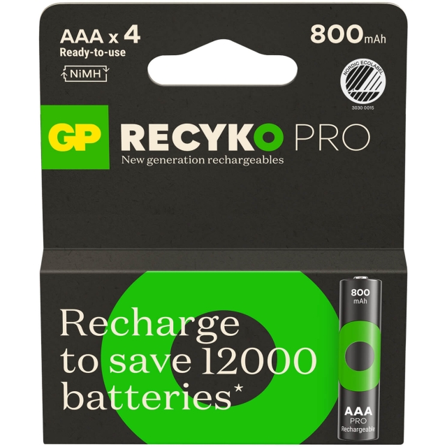 GP Batteri Recyko Pro NiMH AAA HR03 800mAh 4-Pakning