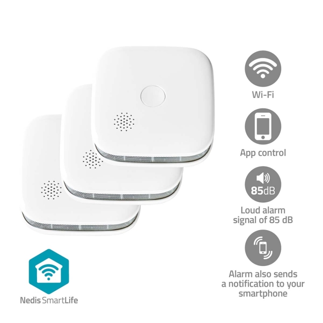 Nedis SmartLife Røykvarsler | Wi-Fi | Batteri drevet | Sensorlivssyklus: 10 år | EN 14604 | Maks. batteri levetid: 24 Måned | 85 dB | Hvit | 3 stk