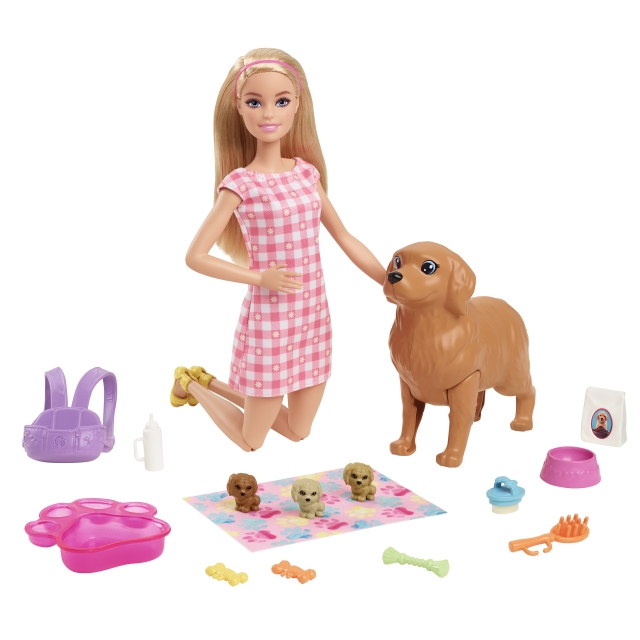 Barbie Lekesett med dukke og nyfødte valper (HCK75)