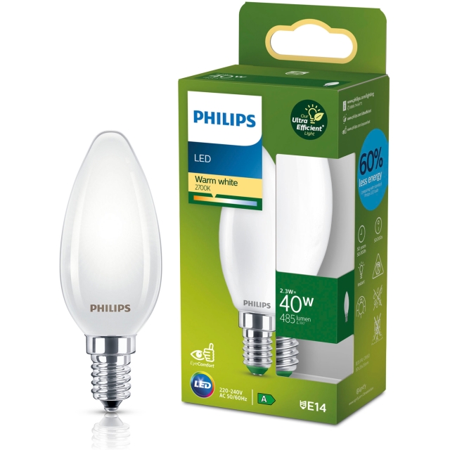 Philips LED E14 Crown B35 2,3W (40W) Frostet 485lm 2700K Energiklasse A