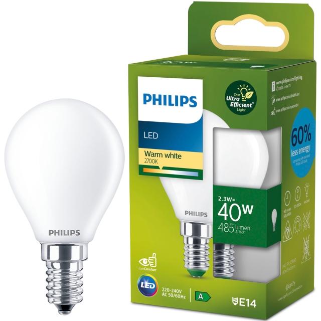 Philips LED E14 Sphere P45 2,3W (40W) Frostet 485lm 2700K Energiklasse A