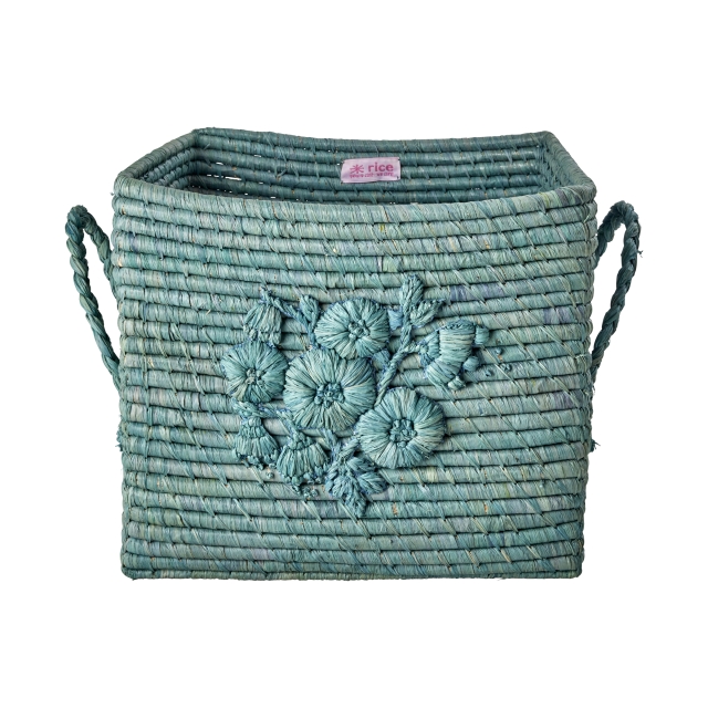 RICE Raffia firkantet kurv med blomsterbroderi - Dove Blue