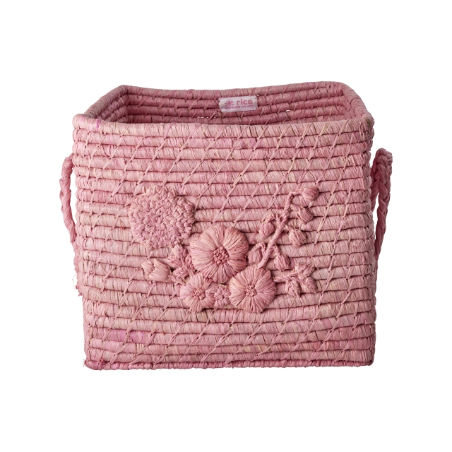 RICE Raffia firkantet kurv med blomsterbroderi - rosa
