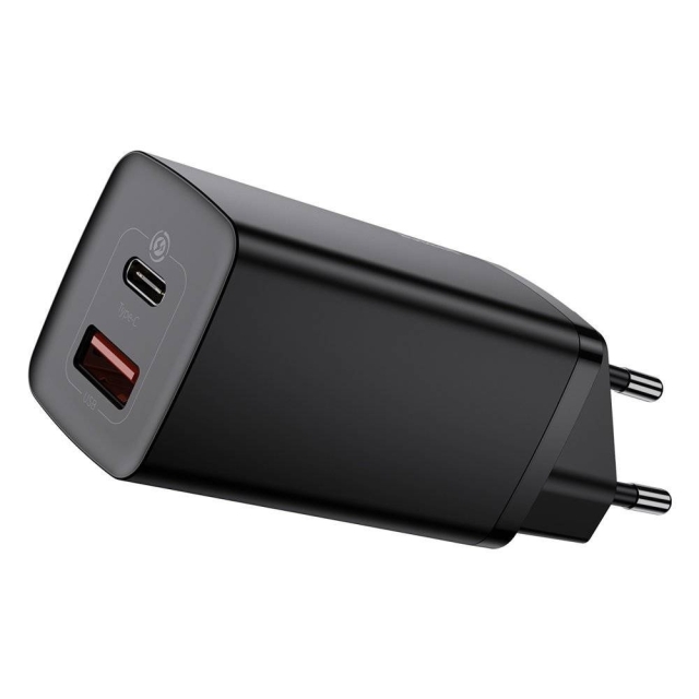 Baseus Dual Port GaN2 Adapter 65Watt 1xUSB-C + 1xUSB-A Svart