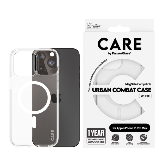 CARE by PanzerGlass - Etui Transparent med hvit MagSafe - iPhone 15 Pro Max