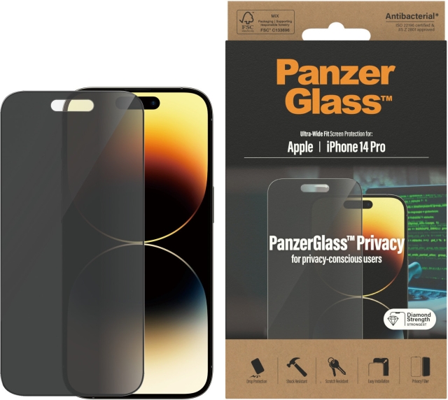 PanzerGlass Ultra Wide Fit Privacy-skjermbeskytter, iPhone 14 Pro, svart ramme
