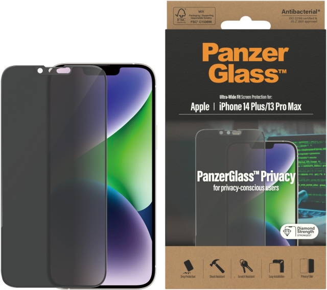 PanzerGlass Skjermbeskytter for personvern, iPhone 14 Plus / 13 Pro Max, svart ramme