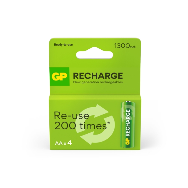 GP Recharge oppladbart batteri, størrelse AA, 1300 mAh, 4-pk