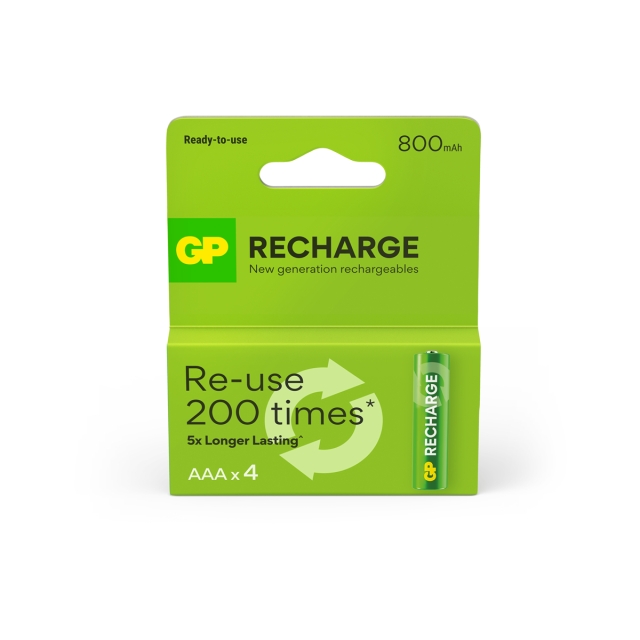 GP Recharge oppladbart batteri, størrelse AAA, 800 mAh, 4-pk