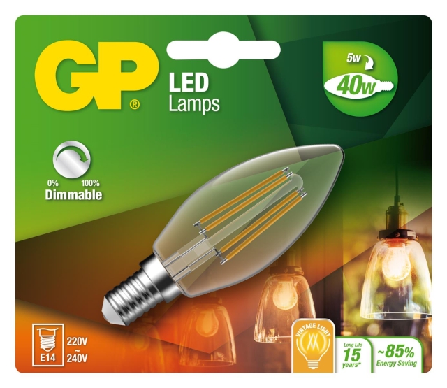 GP LED-lampe Filament Mini Candle, E14, DIM, 5W (40W), 470lm