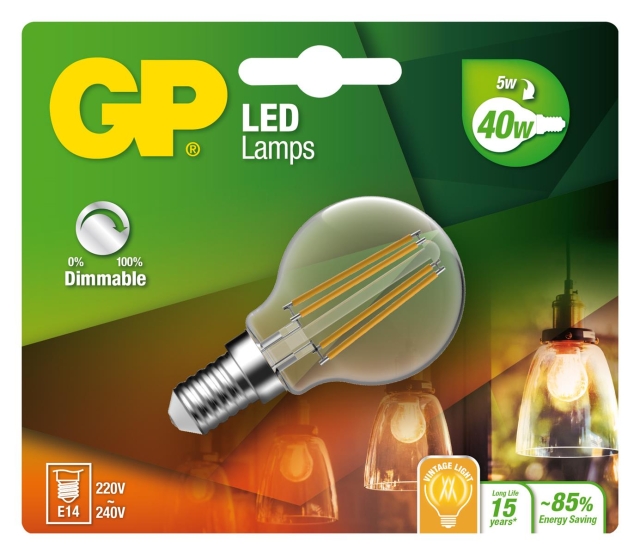 GP LED-lampe Filament Mini Globe, E14, DIM, 5W (40W), 470lm