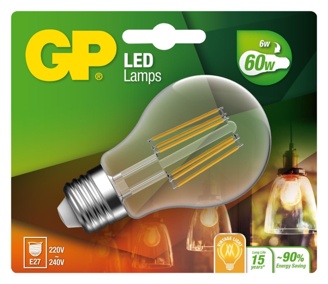 GP LED-lampe Classic Filament, E27, 6W (60W), 806lm