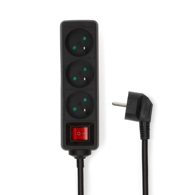 Nedis Extension Socket | Frankrike / Type E (CEE 7/6) | 3-veis | 5.00 m | 3680 W | 16 A | Type av jording: Jordspyd | 230 V AC 50/60 Hz | Uttaksvinkel: 45 ° | H05VV-F 3G1.5mm² | Av/på-bryter | Sort
