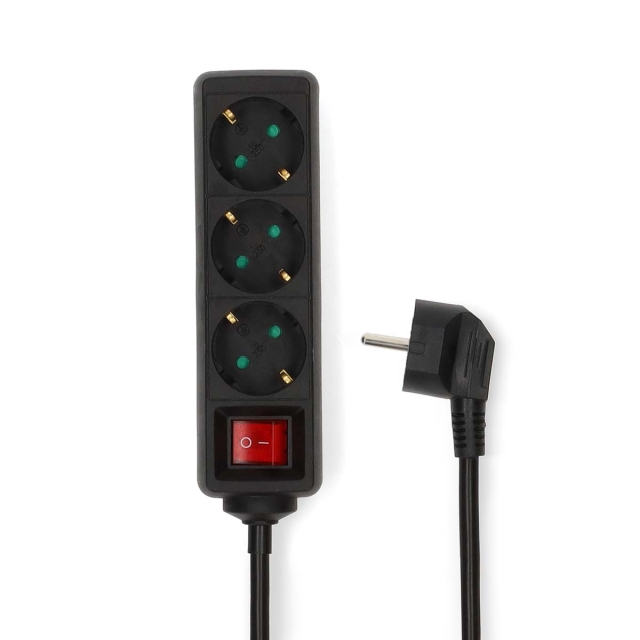 Nedis Extension Socket | Jordet kontakt / Type F (CEE 7/7) | 3-veis | 5.00 m | 3680 W | 16 A | Type av jording: Sidekontakter | 230 V AC 50/60 Hz | Uttaksvinkel: 45 ° | H05VV-F 3G1.5mm² | Av/på-bryter | Sort