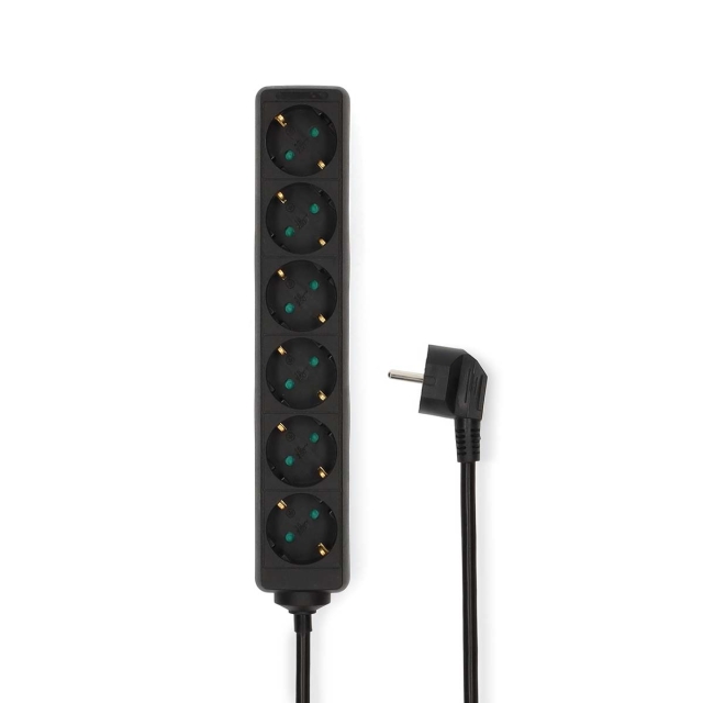 Nedis Extension Socket | Jordet kontakt / Type F (CEE 7/7) | 6-veis | 1.50 m | 3680 W | 16 A | Type av jording: Sidekontakter | 230 V AC 50/60 Hz | Uttaksvinkel: 45 ° | H05VV-F 3G1.5mm² | Sort