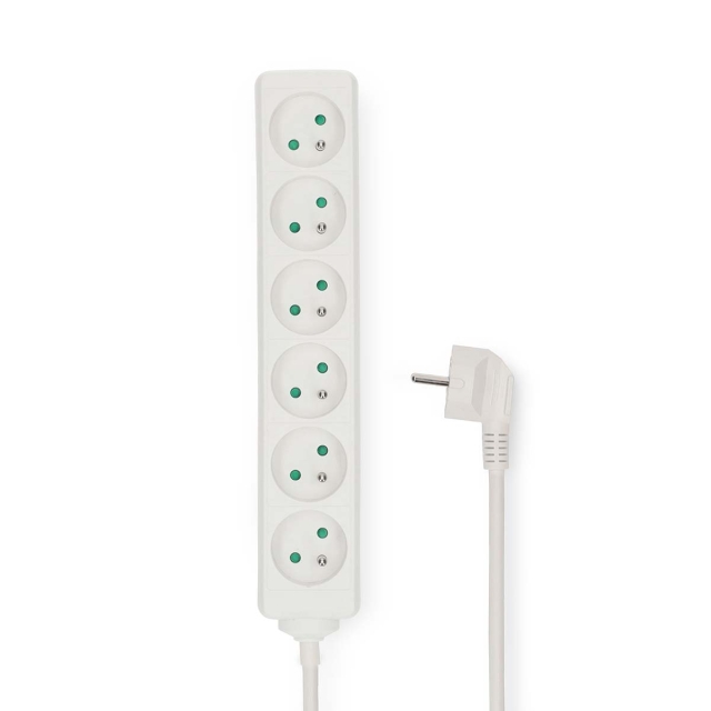Nedis Extension Socket | Jordet kontakt / Type F (CEE 7/7) | 6-veis | 3.00 m | 3680 W | 16 A | Type av jording: Sidekontakter | 230 V AC 50/60 Hz | Uttaksvinkel: 45 ° | H05VV-F 3G1.5mm² | Hvit