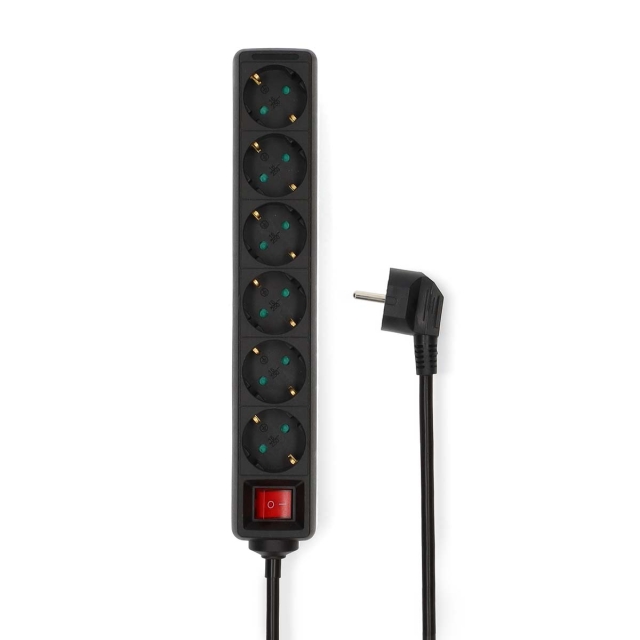 Nedis Extension Socket | Jordet kontakt / Type F (CEE 7/7) | 6-veis | 5.00 m | 3680 W | 16 A | Type av jording: Sidekontakter | 230 V AC 50/60 Hz | Uttaksvinkel: 45 ° | H05VV-F 3G1.5mm² | Av/på-bryter | Sort
