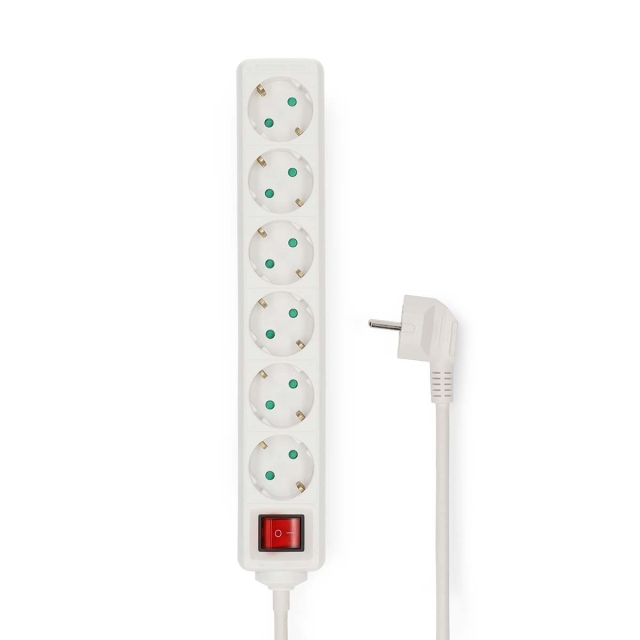 Nedis Extension Socket | Jordet kontakt / Type F (CEE 7/7) | 6-veis | 5.00 m | 3680 W | 16 A | Type av jording: Sidekontakter | 230 V AC 50/60 Hz | Uttaksvinkel: 45 ° | H05VV-F 3G1.5mm² | Av/på-bryter | Hvit