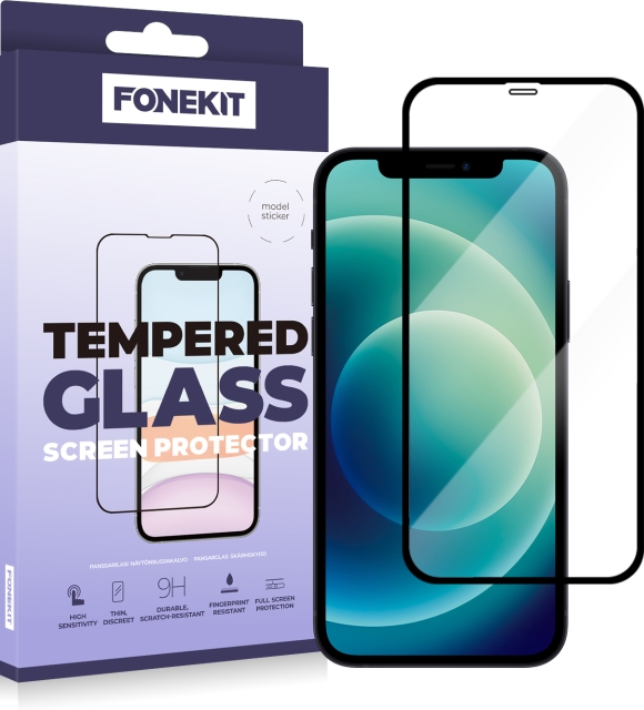 FoneKit Heldekkende panserglass, iPhone 12 / 12 Pro, svart