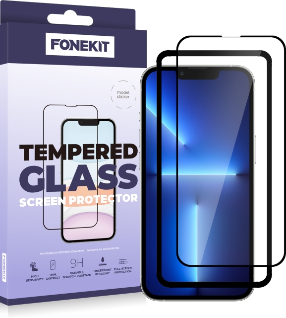 FoneKit Heldekkende panserglass, iPhone 14 Plus / 13 Pro Max, svart