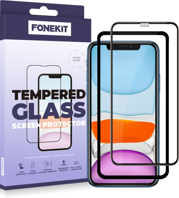 FoneKit Heldekkende panserglass, iPhone 11 / XR, svart