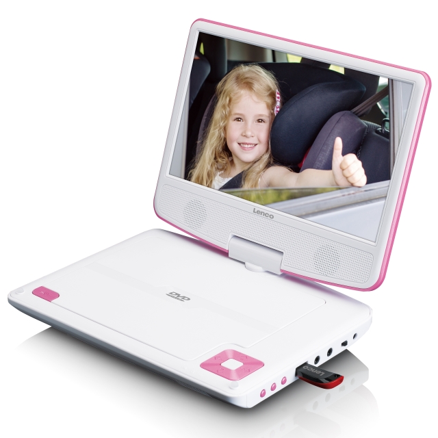 Lenco Bærbar 9" DVD-spiller med USB-hodetelefoner og monteringsbrakett Pink