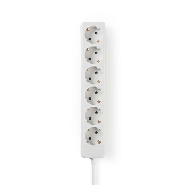 Nedis Extension Socket | Jordet kontakt / Type F (CEE 7/7) | 6-veis | 1.50 m | 3680 W | 16 A | Type av jording: Sidekontakter | 230 V AC 50/60 Hz | Uttaksvinkel: 45 ° | H05VV-F 3G1.5mm² | Hvit