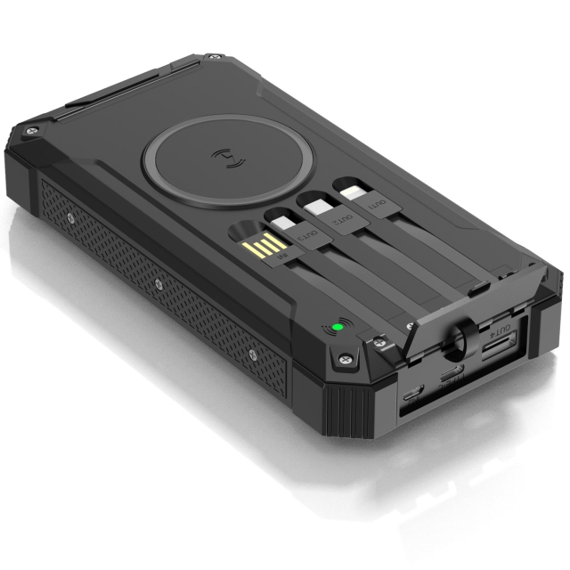 Denver PowerBank 20.000 mAh Solcell 4st kablar + trådlös laddning Svart