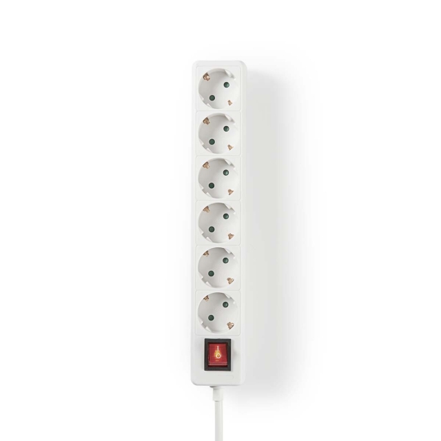 Nedis Extension Socket | Jordet kontakt / Type F (CEE 7/7) | 6-veis | 1.50 m | 3680 W | 16 A | Type av jording: Sidekontakter | 230 V AC 50/60 Hz | Uttaksvinkel: 45 ° | H05VV-F 3G1.5mm² | Av/på-bryter | Hvit