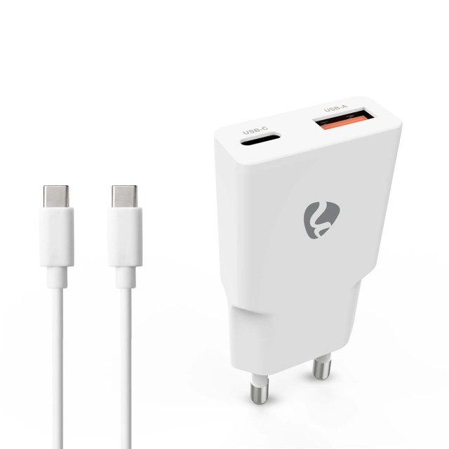 Nedis vegg lader | 30 W | GaN | PD3.0 30W | Hurtigladefunksjon | 1.5 / 2.0 / 2.5 / 3.0 A | Antall utganger: 2 | USB-A / USB-C™ | USB-C ™ (løs) Kabel | 1.50 m | Automatisk Spenning Utvalg | Hvit