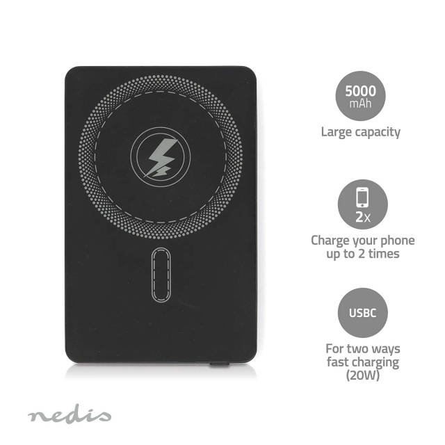 Nedis Power Bank | 5000 mAh | Trådløs lading | 1.67 / 2.22 / 3.0 A | Antall utganger: 1 | Utgangstilkobling: 1x USB-C™ | Inngangstilkobling: 1x USB-C™ | PD3.0 20W | Lithium-Polymer