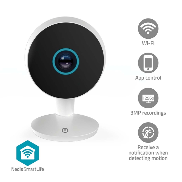 Nedis SmartLife Innendørs kamera | 3MP Full HD 1296p | Cloud Storage (valgfritt) / microSD (ikke inkludert) / Onvif | Med bevegelses sensor | Nattsyn | Hvit