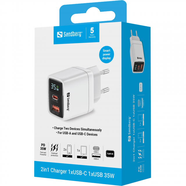 Sandberg 2in1 Lader 1xUSB-C 1xUSB 35W