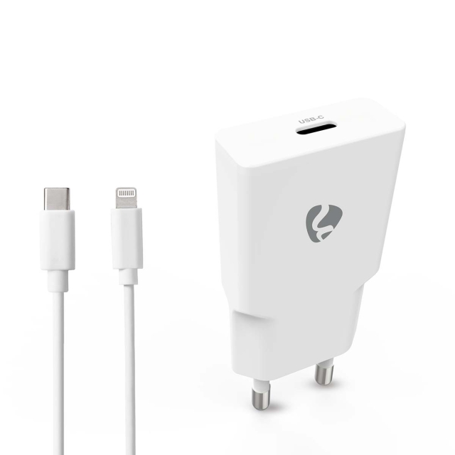 Nedis vegg lader | 20 W | GaN | PD3.0 | Hurtigladefunksjon | 1.67 A / 2.22 A / 3.0 A | Antall utganger: 1 | USB-C™ | Lightning 8-Pin (Løs) Kabel | 1.00 m | Automatisk Spenning Utvalg | Hvit