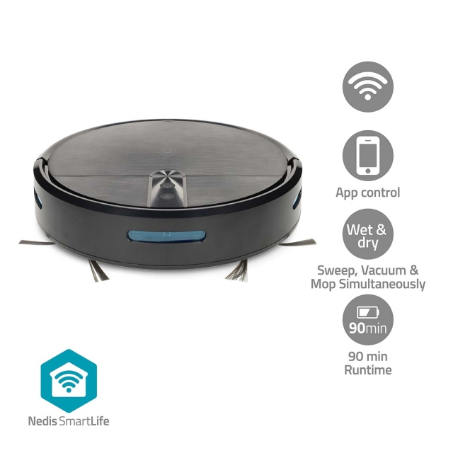 Nedis SmartLife Robot Støvsuger | Tilfeldig | Wi-Fi | Kapasitet Collection Reservoir: 0.6 l | Automatsik lading | Maksimal driftstid: 2 timer | Sort | Android™ / IOS