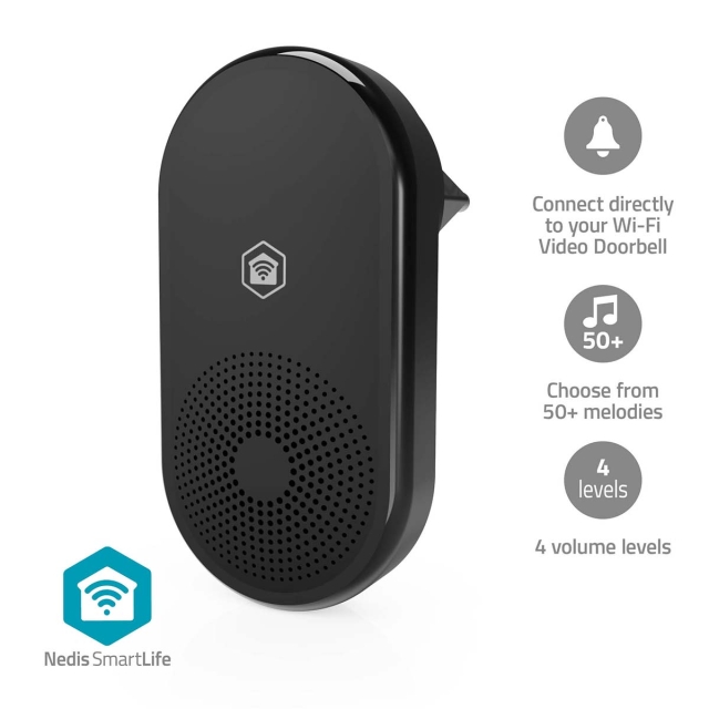 Nedis SmartLife-Klokke | RF, frequency 433 Mhz | Tilbehør til: WIFICDP11BK / WIFICDP21BK / WIFICDP31BK | Nettstrøm drevet | 55 Lyder | 110 - 240 V AC 50/60 Hz | Justerbar volum | Sort