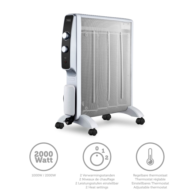 Trebs Mobil mikathermisk elektrisk varmeovn på hjul 2000W Hvit